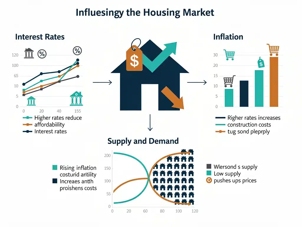 Infographic detailing economic indicators influencing housing market trends, including interest rates and inflation.