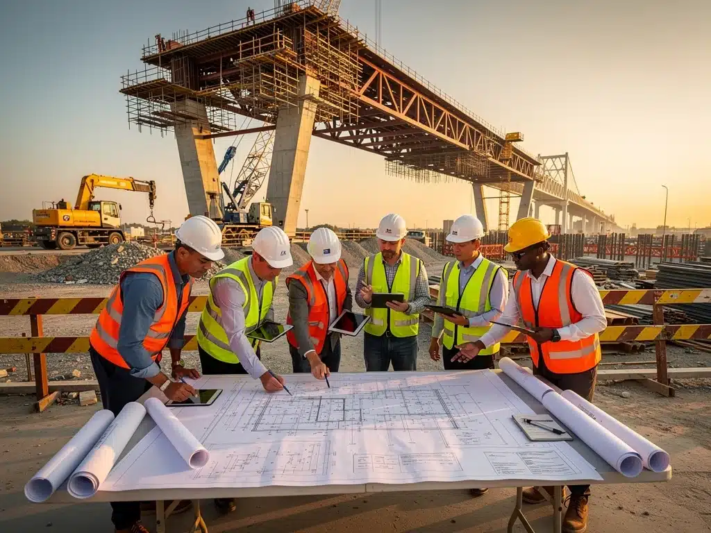 Engineers reviewing plans on a bridge construction site, highlighting project management in infrastructure.