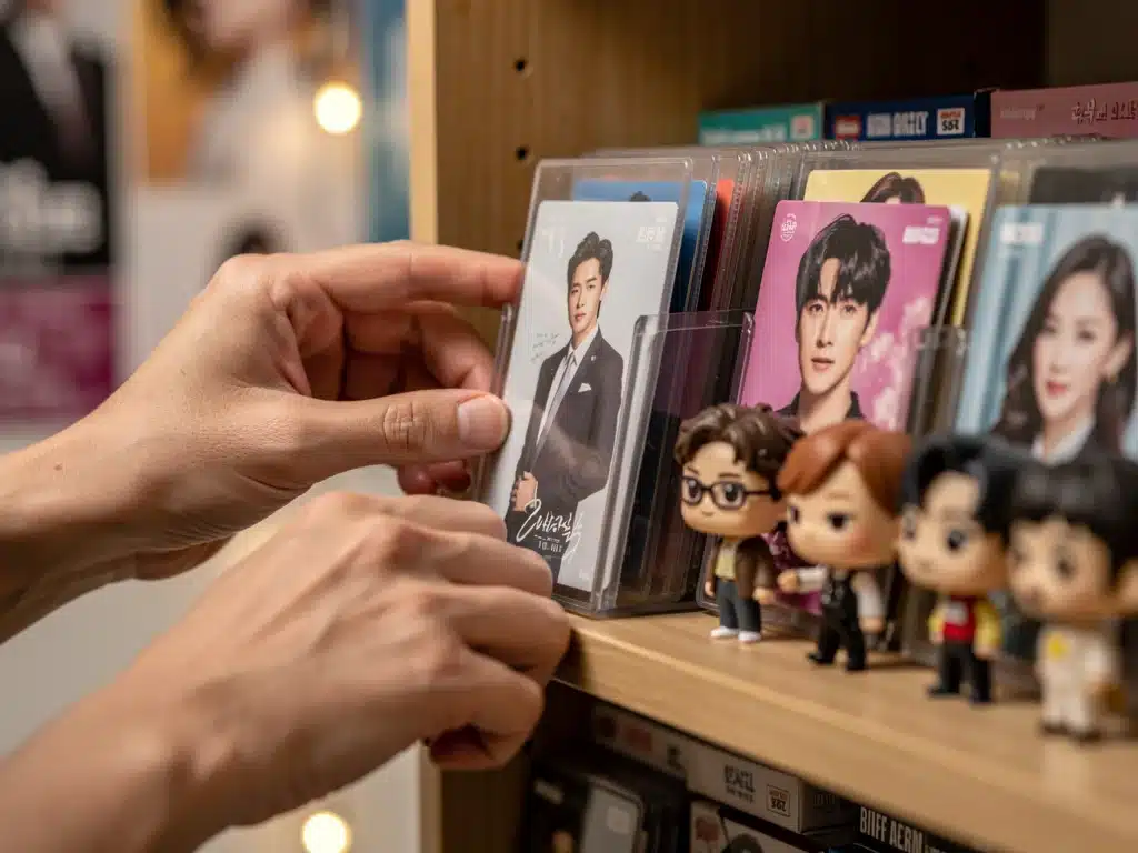 Dorama fan meticulously arranging K-drama photo cards and figurines on a display shelf.