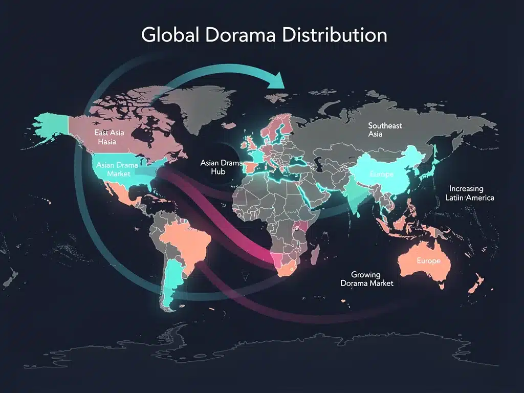 Global map showing dorama market penetration, emphasizing US distribution and audience growth.