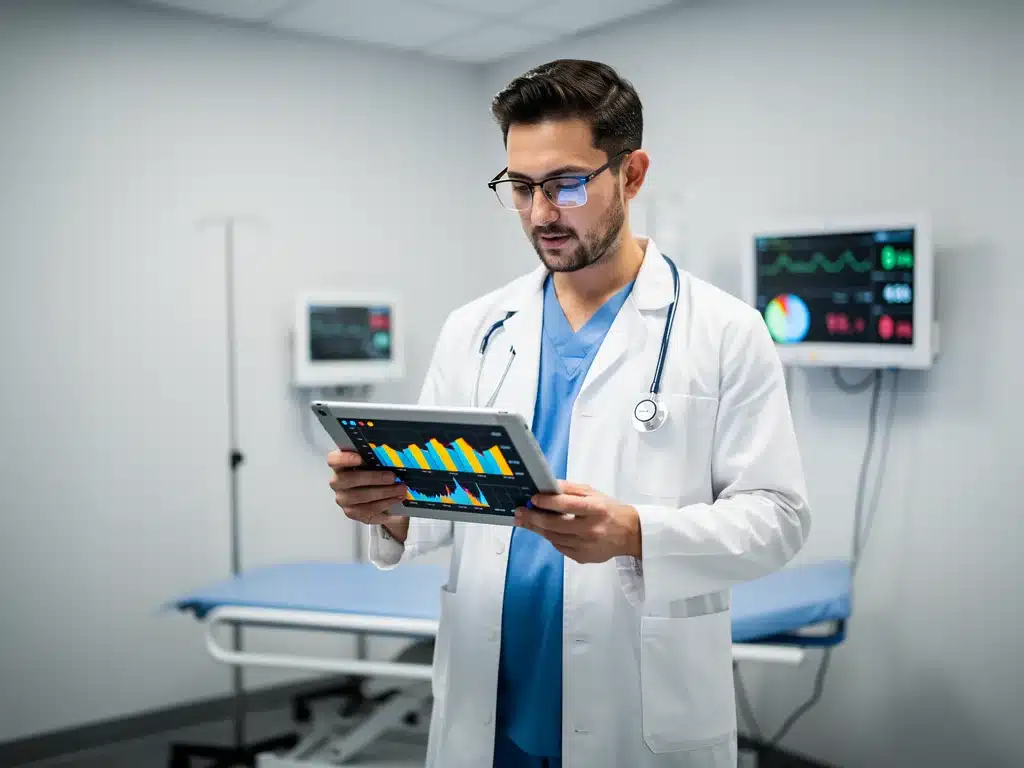 Healthcare professional analyzing flu data on a tablet in a clinic.