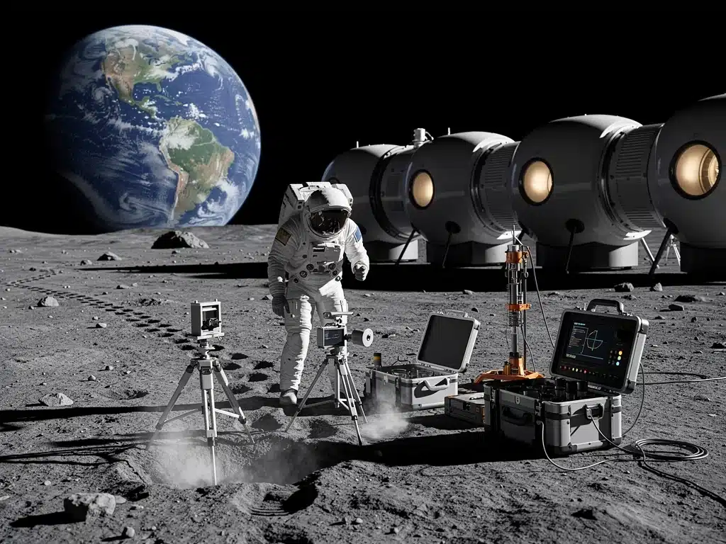 Astronaut researching near lunar habitat with Earth in distance.