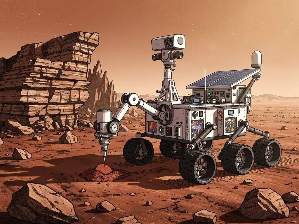 Robotic rover collecting samples on dusty Martian surface.
