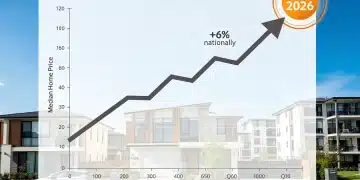 Graph illustrating a 6% national increase in median home prices for Q1 2026, set against a modern housing backdrop.