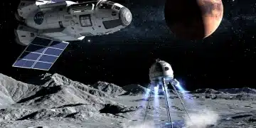 NASA spacecraft orbiting Moon, probe descending, Mars in background, symbolizing 2026 missions.