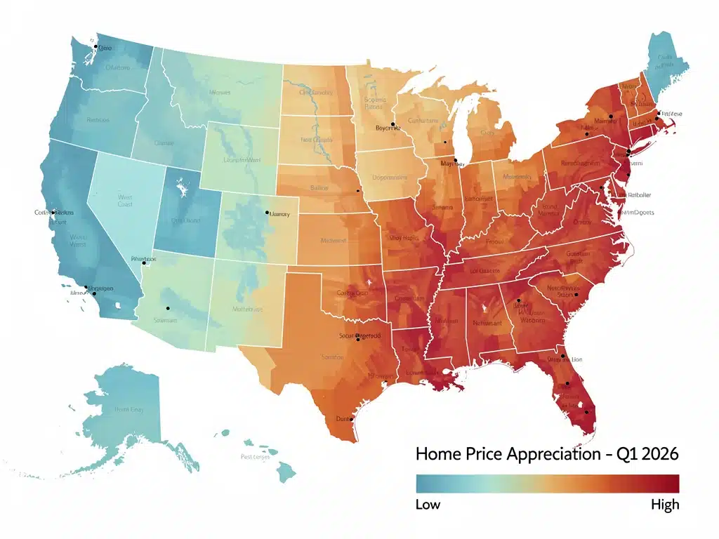 Map of the United States showing regional variations in home price appreciation during Q1 2026.