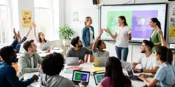 Boost Student Engagement 15%: U.S. Educator Strategy 2026 Students actively engaged in a modern U.S. classroom, collaborating on a project with their teacher.