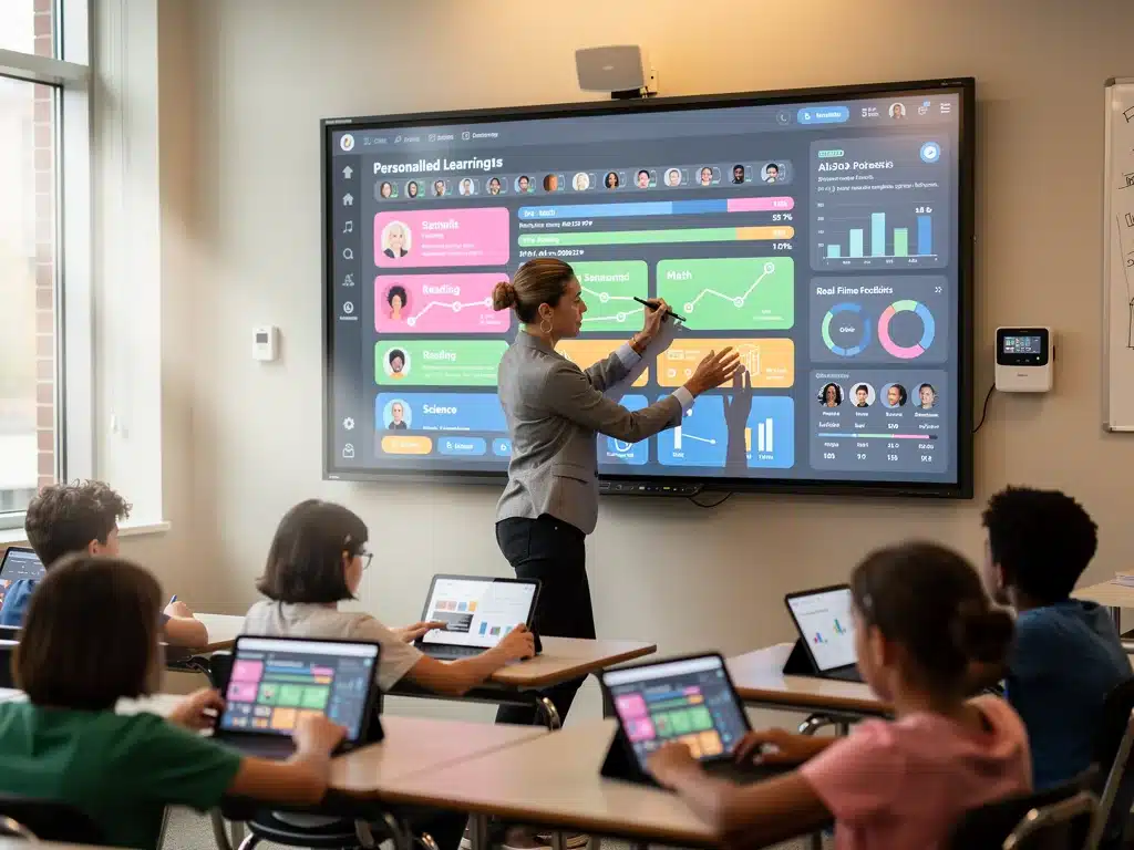Teacher utilizing AI-driven smartboard for personalized instruction.