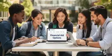 College students reviewing FAFSA financial aid information on a tablet.