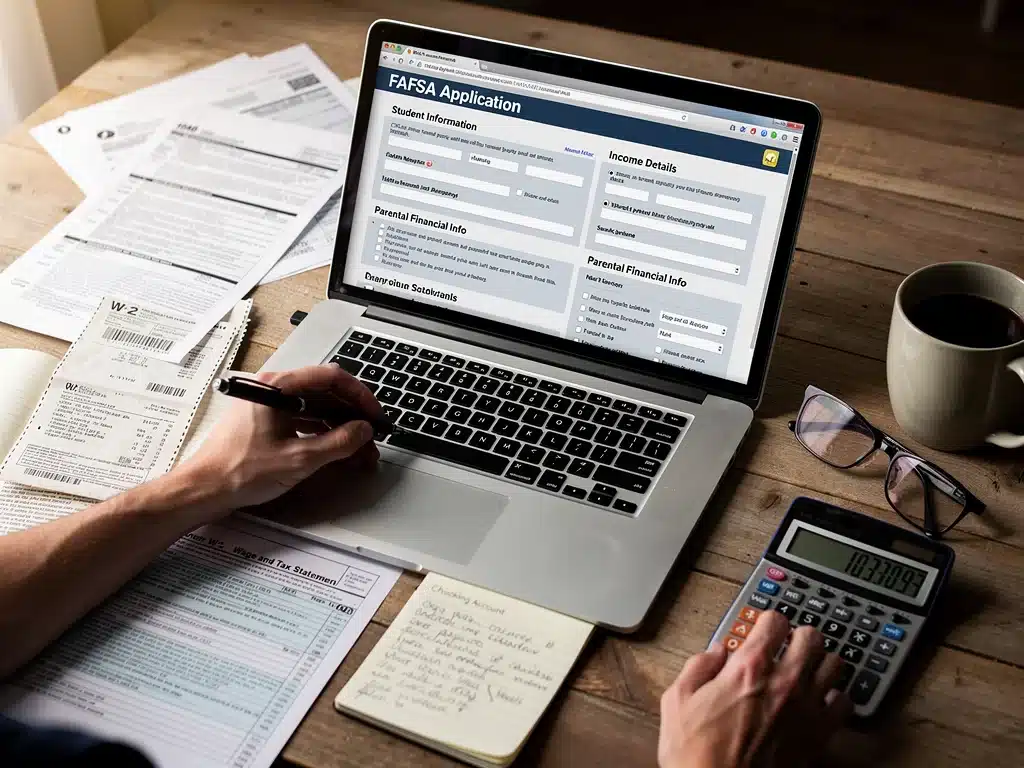 Hand completing FAFSA application form on laptop with financial documents.
