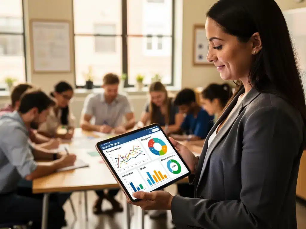 Educator analyzing student engagement data on a tablet for strategic planning.