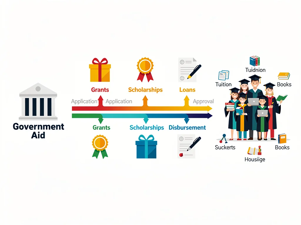 Infographic showing financial aid pathways from government to students.