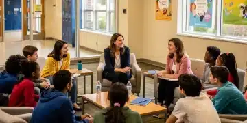 Students and counselors in a supportive group discussion, focusing on mental health in schools.