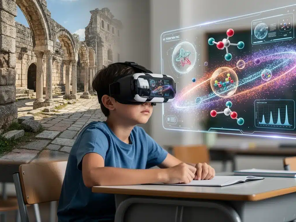Student experiencing virtual reality for immersive learning.