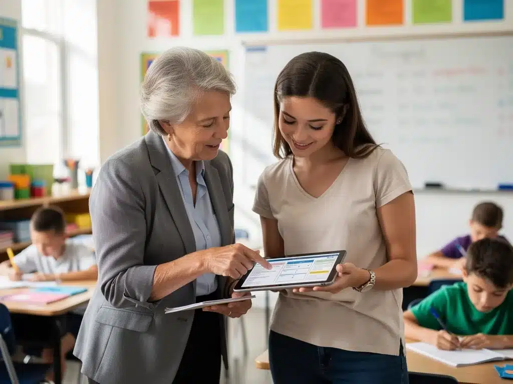 Experienced teacher mentoring a new educator in a classroom setting.